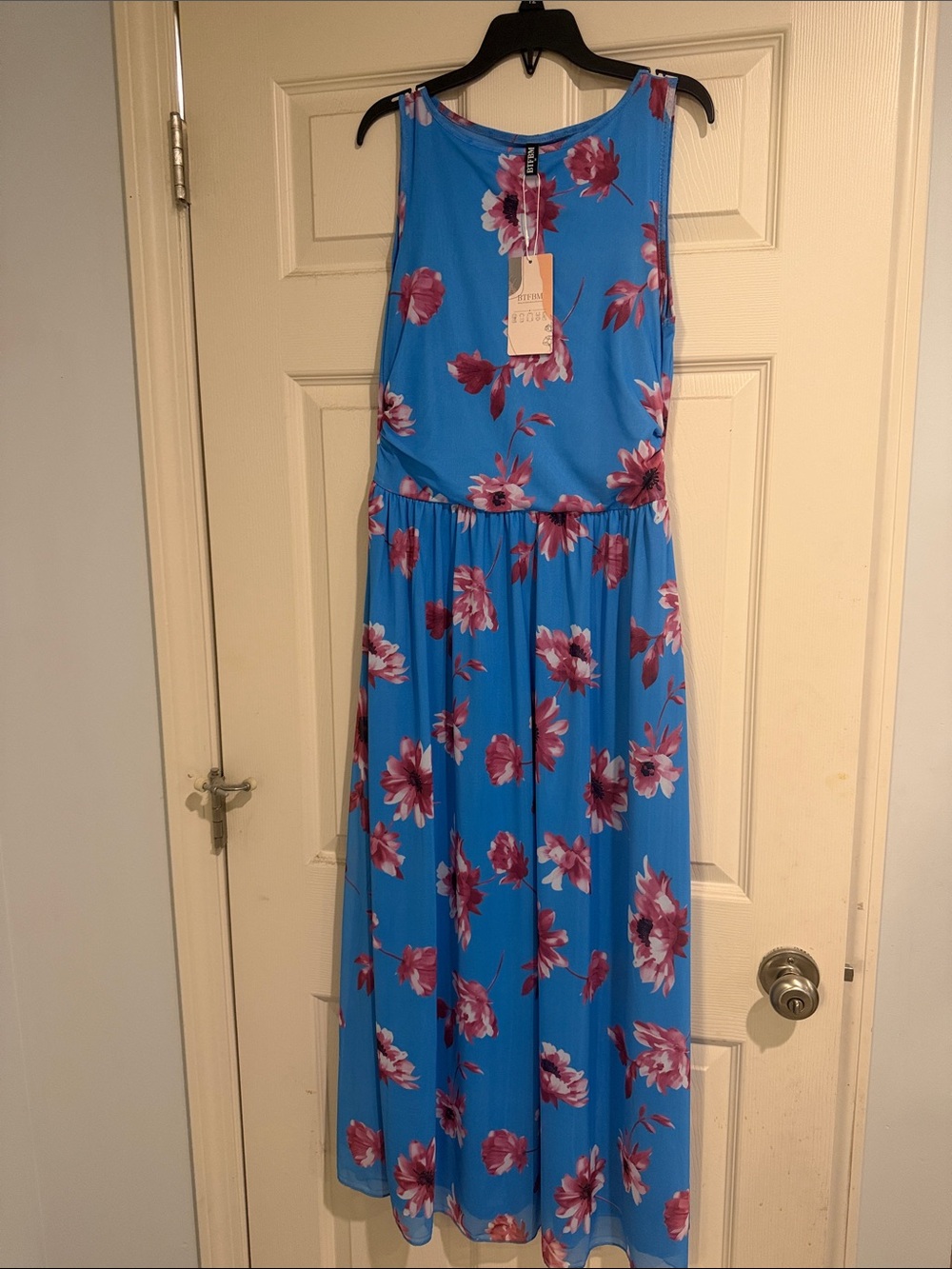 Strapless Blue Maxi Dress with Pink Floral Print and pockets - NWT